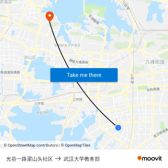 光谷一路梁山头社区 to 武汉大学教务部 map