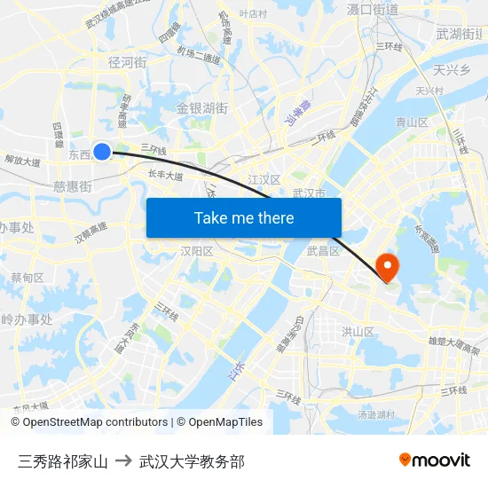 三秀路祁家山 to 武汉大学教务部 map