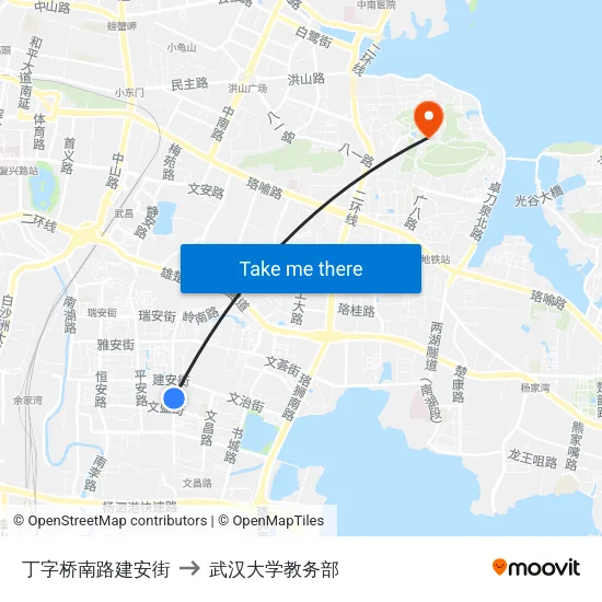 丁字桥南路建安街 to 武汉大学教务部 map