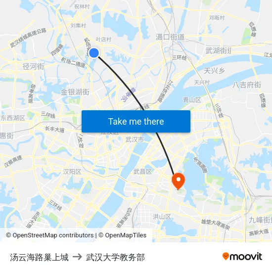 汤云海路巢上城 to 武汉大学教务部 map