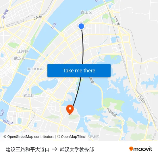 建设三路和平大道口 to 武汉大学教务部 map