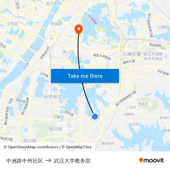中洲路中州社区 to 武汉大学教务部 map