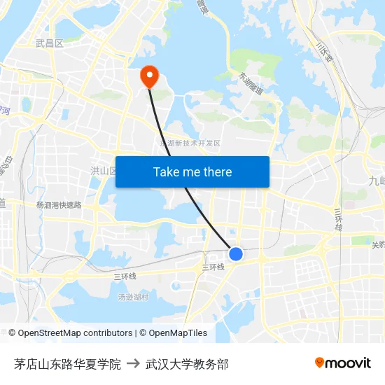 茅店山东路华夏学院 to 武汉大学教务部 map