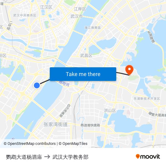 鹦鹉大道杨泗庙 to 武汉大学教务部 map