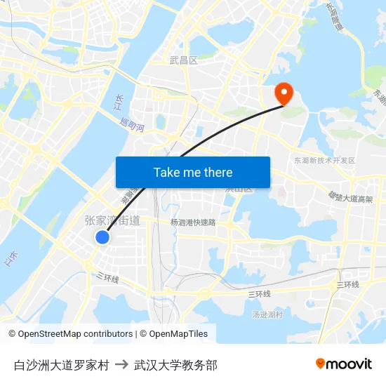 白沙洲大道罗家村 to 武汉大学教务部 map