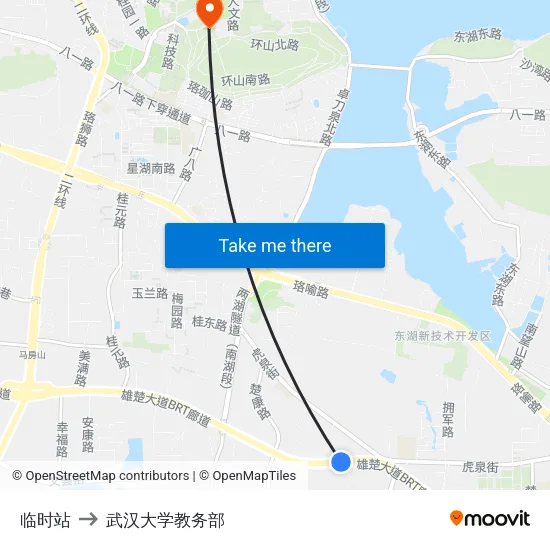 临时站 to 武汉大学教务部 map