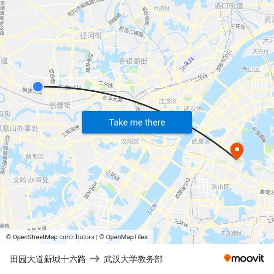 田园大道新城十六路 to 武汉大学教务部 map