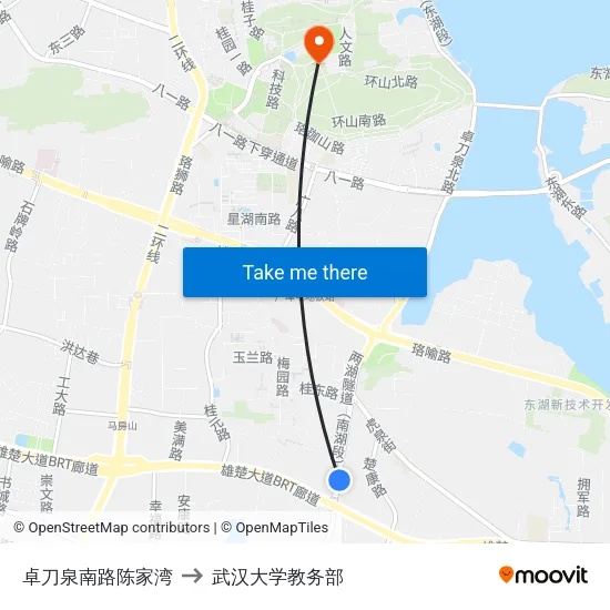 卓刀泉南路陈家湾 to 武汉大学教务部 map