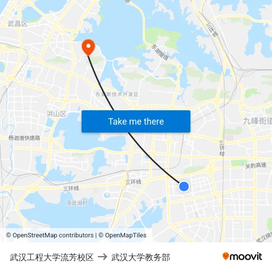 武汉工程大学流芳校区 to 武汉大学教务部 map