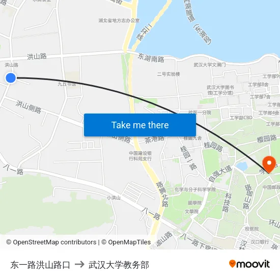 东一路洪山路口 to 武汉大学教务部 map
