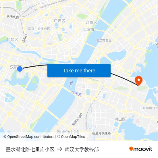 墨水湖北路七里庙小区 to 武汉大学教务部 map