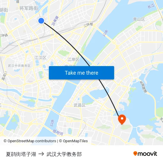 夏鹃街塔子湖 to 武汉大学教务部 map