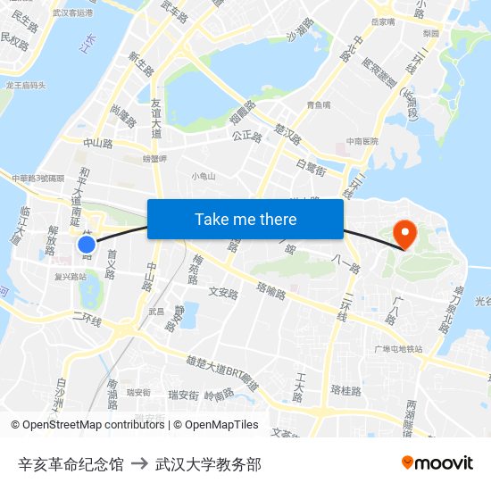 辛亥革命纪念馆 to 武汉大学教务部 map