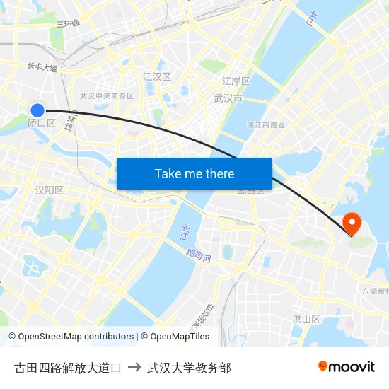 古田四路解放大道口 to 武汉大学教务部 map