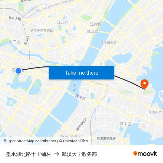 墨水湖北路十里铺村 to 武汉大学教务部 map