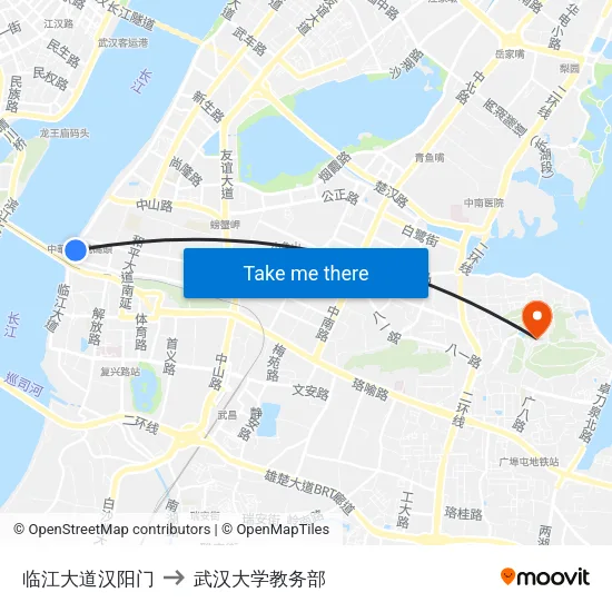 临江大道汉阳门 to 武汉大学教务部 map