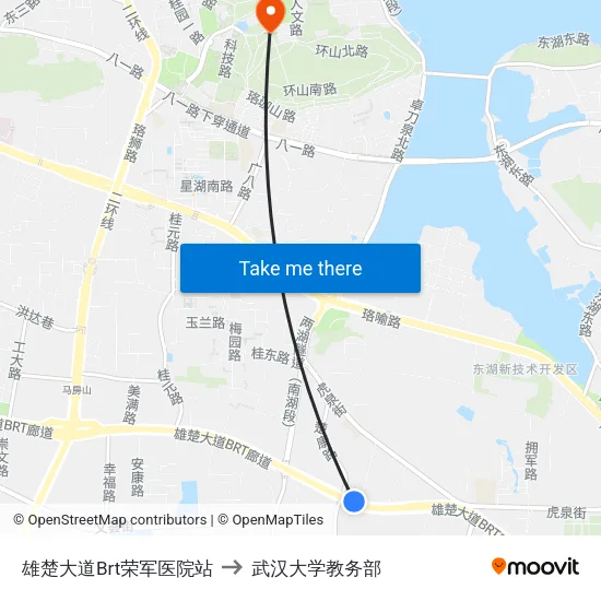 雄楚大道Brt荣军医院站 to 武汉大学教务部 map