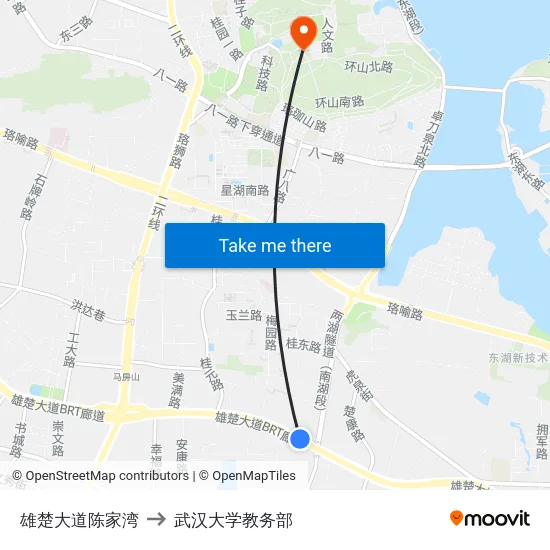 雄楚大道陈家湾 to 武汉大学教务部 map
