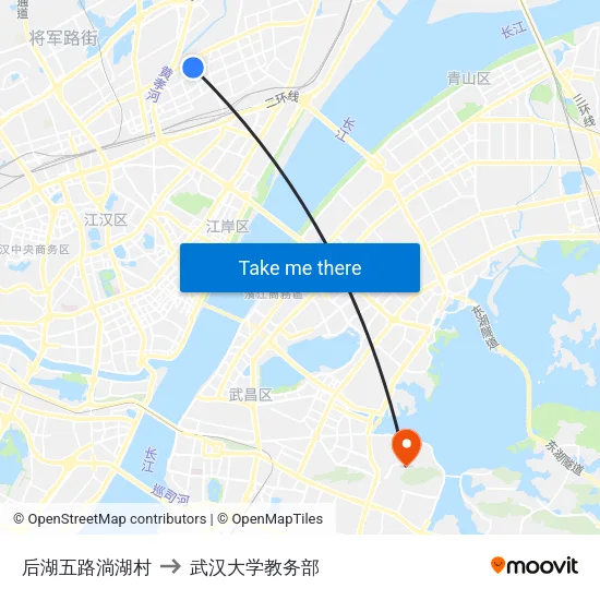后湖五路淌湖村 to 武汉大学教务部 map