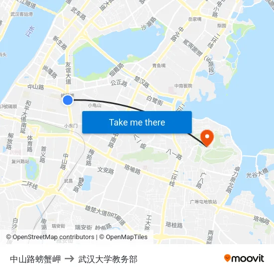 中山路螃蟹岬 to 武汉大学教务部 map