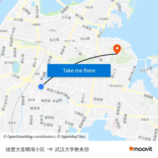 雄楚大道晒湖小区 to 武汉大学教务部 map