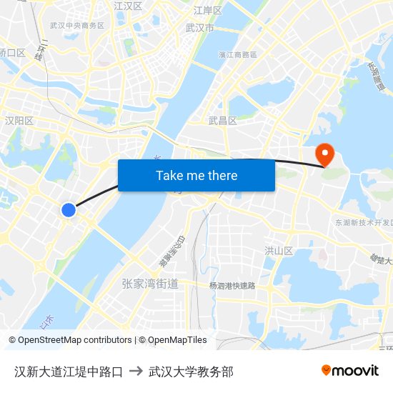 汉新大道江堤中路口 to 武汉大学教务部 map