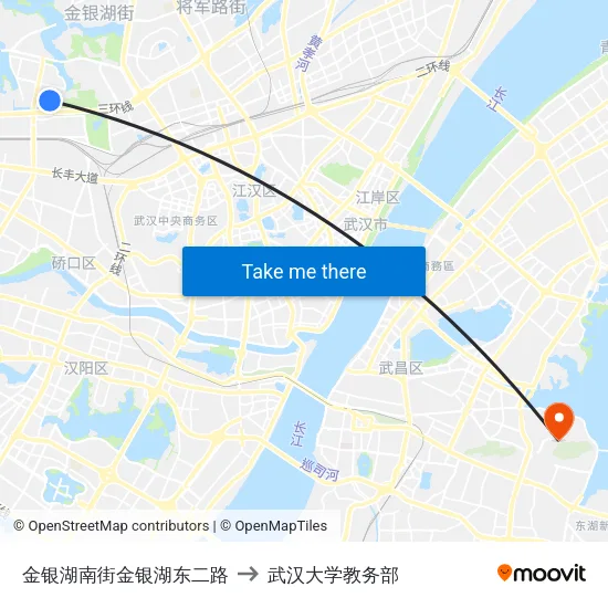 金银湖南街金银湖东二路 to 武汉大学教务部 map
