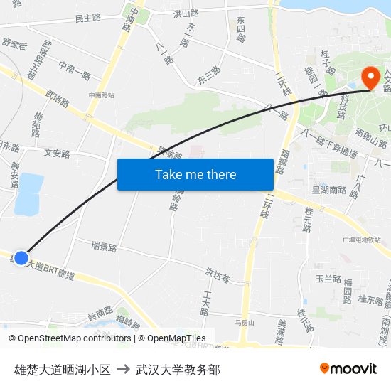 雄楚大道晒湖小区 to 武汉大学教务部 map