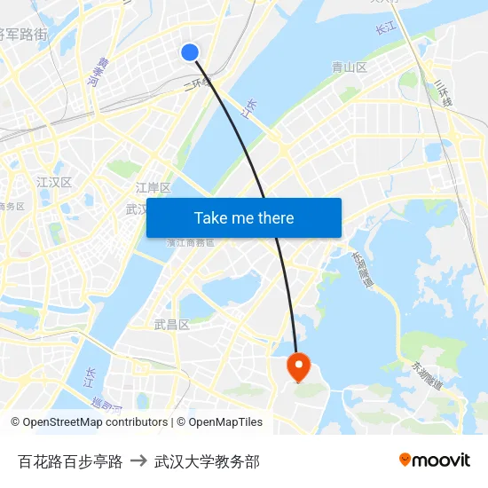 百花路百步亭路 to 武汉大学教务部 map