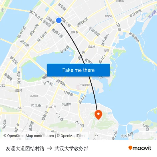 友谊大道团结村路 to 武汉大学教务部 map