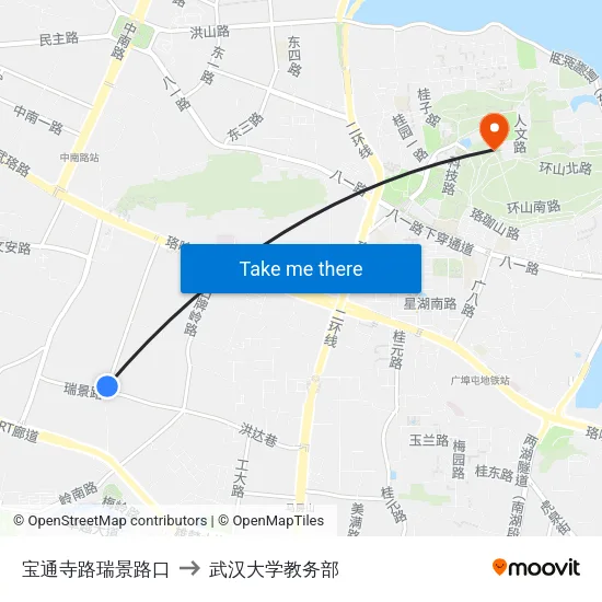 宝通寺路瑞景路口 to 武汉大学教务部 map