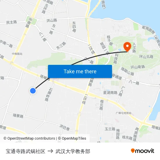 宝通寺路武锅社区 to 武汉大学教务部 map
