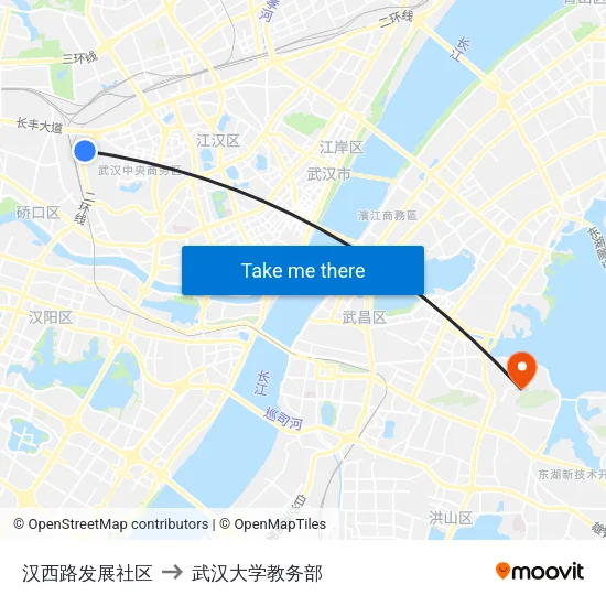 汉西路发展社区 to 武汉大学教务部 map