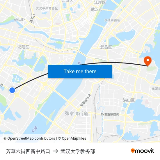 芳草六街四新中路口 to 武汉大学教务部 map
