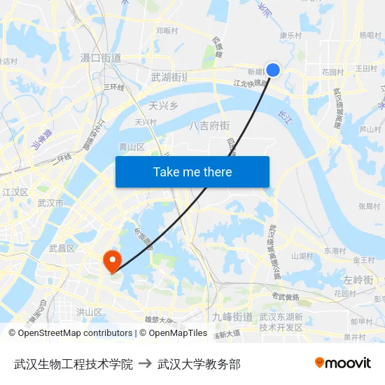 武汉生物工程技术学院 to 武汉大学教务部 map
