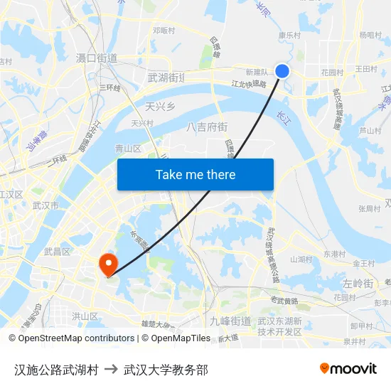 汉施公路武湖村 to 武汉大学教务部 map