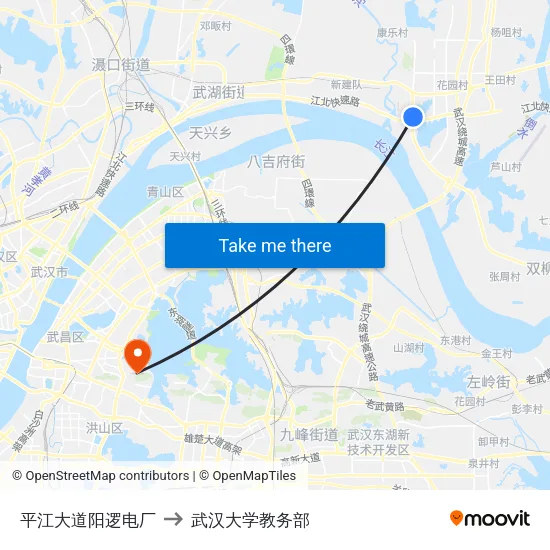 平江大道阳逻电厂 to 武汉大学教务部 map