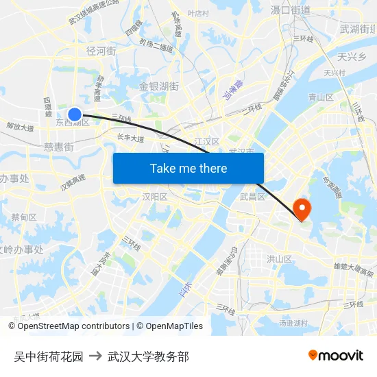 吴中街荷花园 to 武汉大学教务部 map