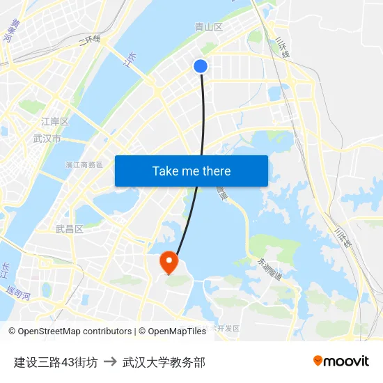 建设三路43街坊 to 武汉大学教务部 map