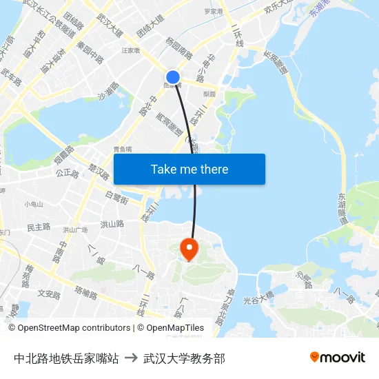 中北路地铁岳家嘴站 to 武汉大学教务部 map