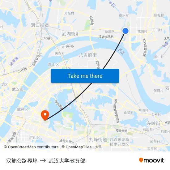 汉施公路界埠 to 武汉大学教务部 map