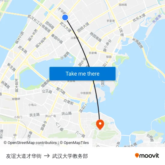 友谊大道才华街 to 武汉大学教务部 map