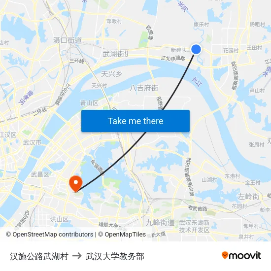 汉施公路武湖村 to 武汉大学教务部 map