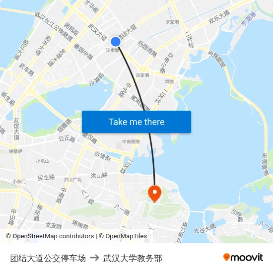 团结大道公交停车场 to 武汉大学教务部 map