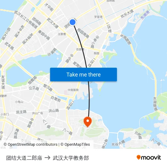 团结大道二郎庙 to 武汉大学教务部 map