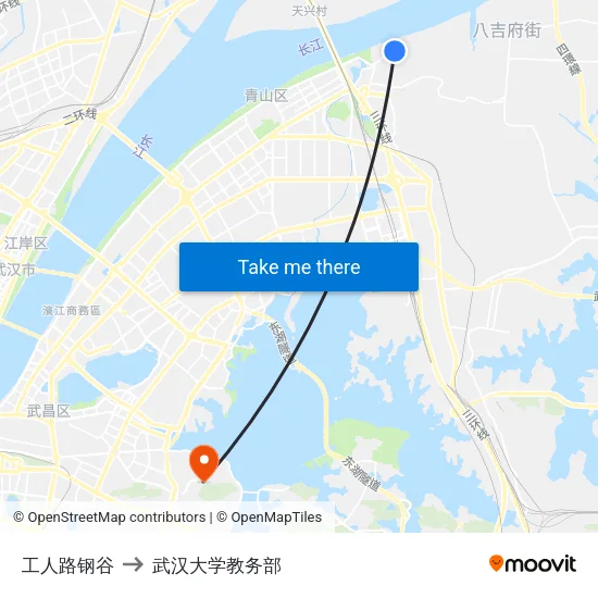 工人路钢谷 to 武汉大学教务部 map