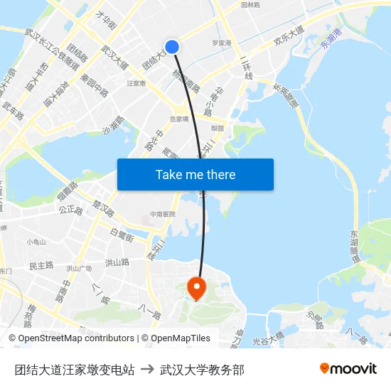 团结大道汪家墩变电站 to 武汉大学教务部 map