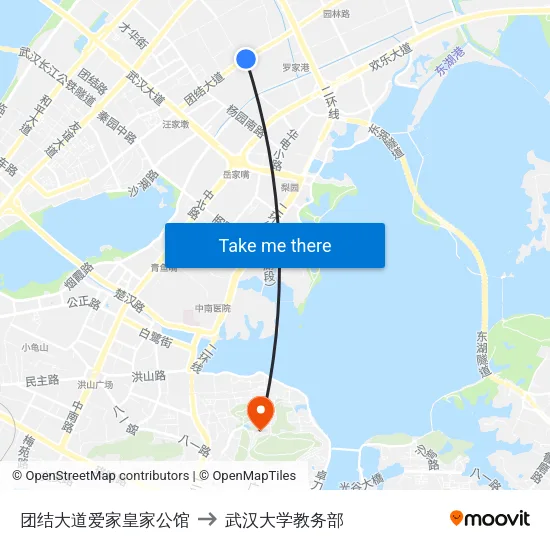 团结大道爱家皇家公馆 to 武汉大学教务部 map