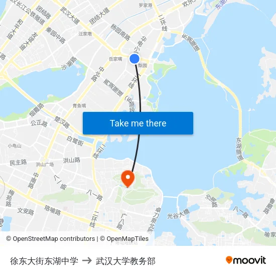 徐东大街东湖中学 to 武汉大学教务部 map