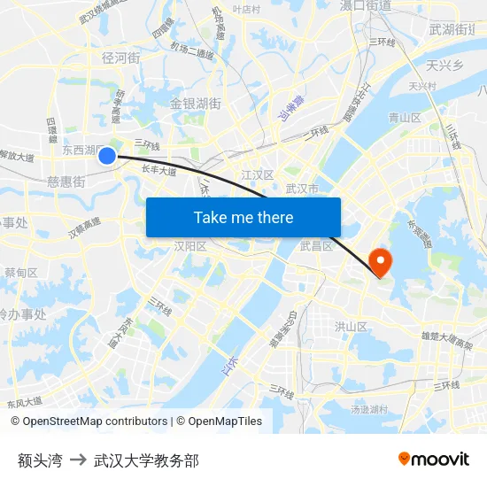 额头湾 to 武汉大学教务部 map